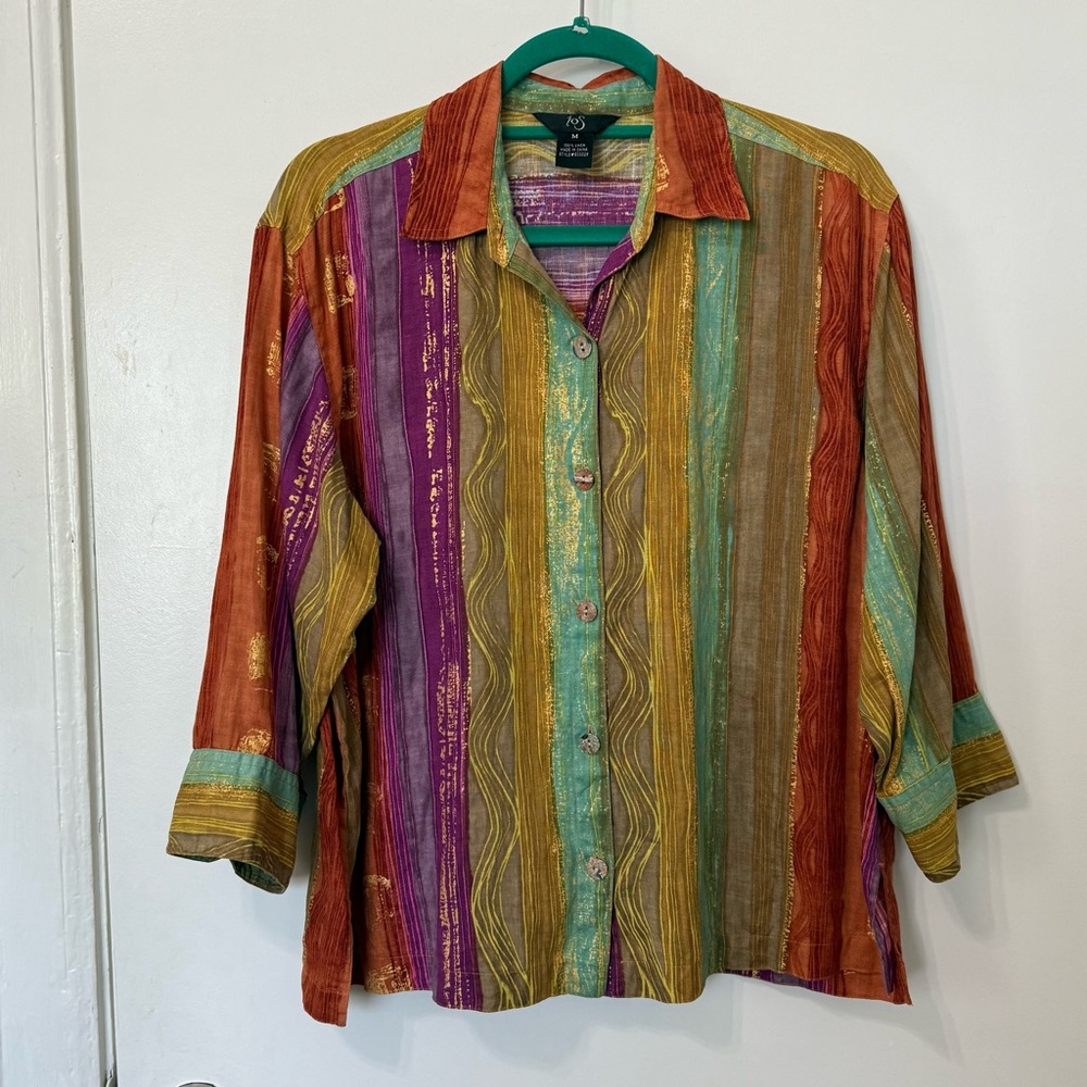 iOS Hand Stamped Linen Shirt, Button Front Metallic Colorful Size M